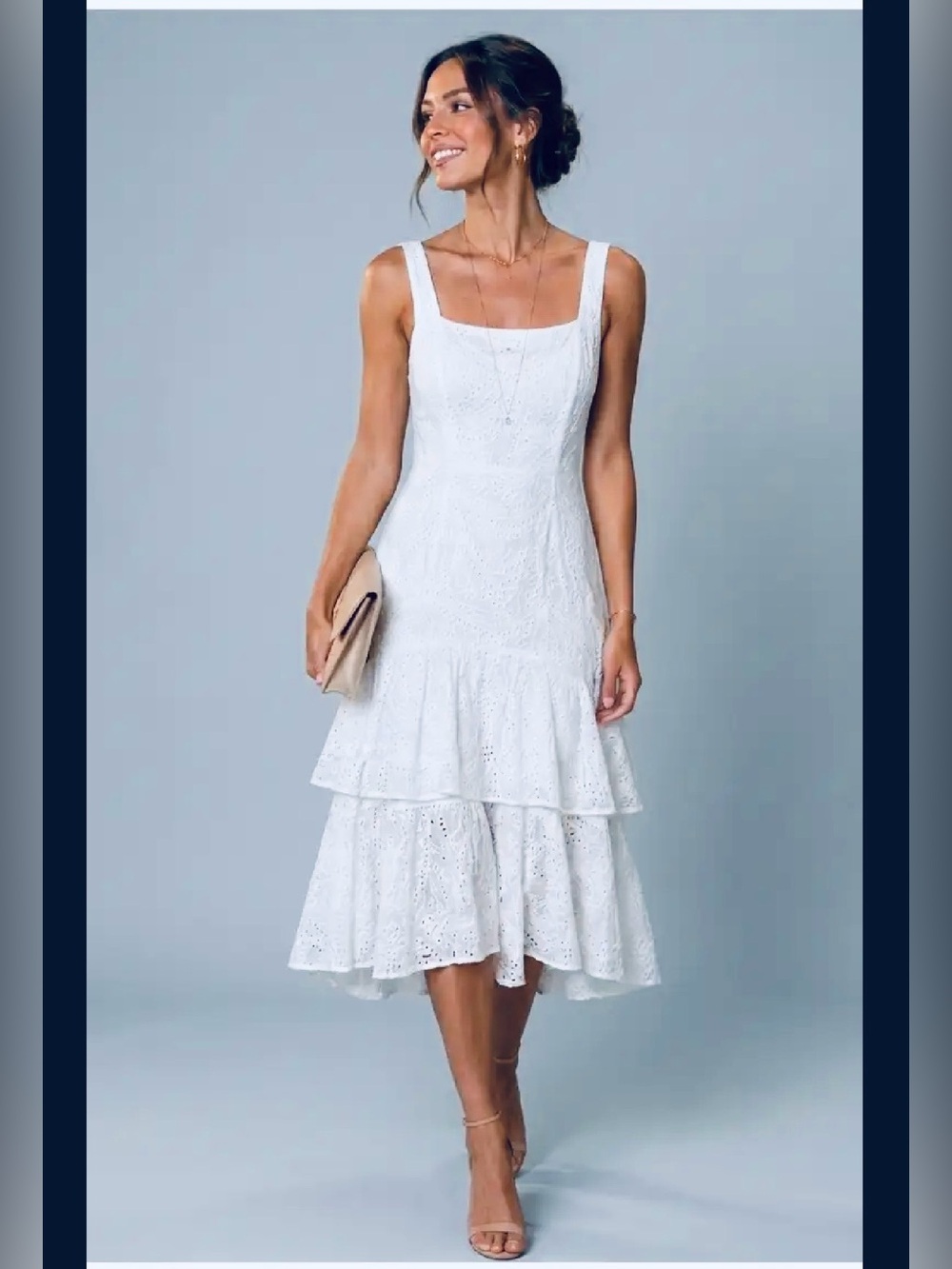 Antonio Melani. Elegant White Tiered Eyelet Midi Dress. Size 12